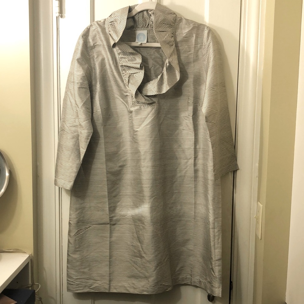 Gretchen Scott Silk Ruffle Neck Dress XL Grey striped